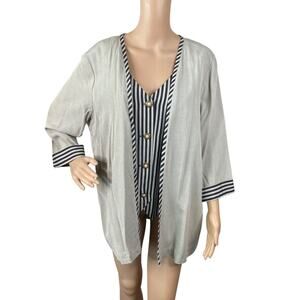 Vtg 90s Gray Striped Casual Lagenlook Artsy Layered Vest Jacket Top SZ 16